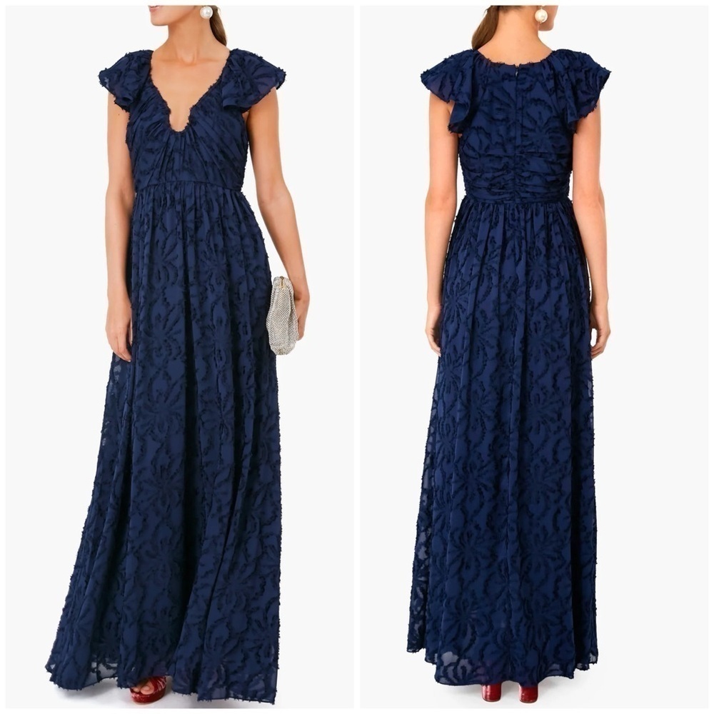 NWT Tanya Taylor Leonie Gown Navy Blue Maxi Formal Notched V Sz 4